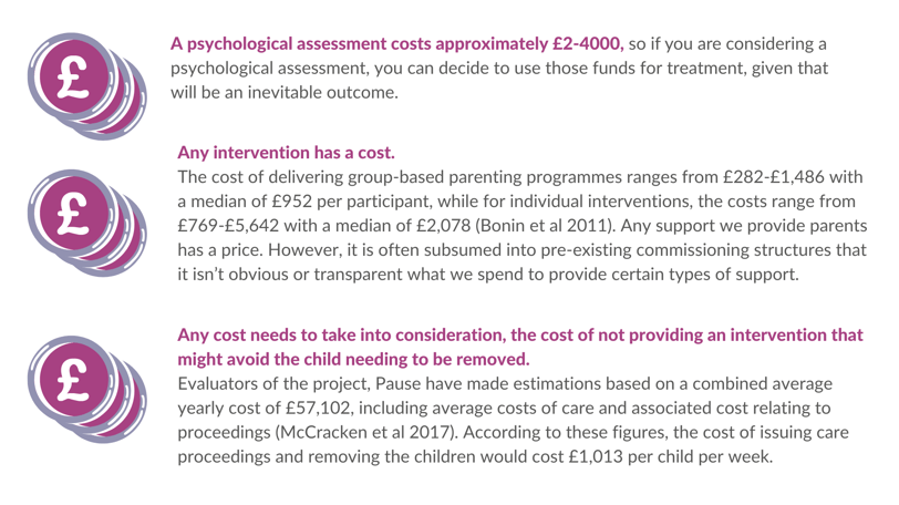 1. A psychological assessment costs approximately £2-4000, so if you are considering a psychological assessment, you can decide to use those funds for treatment, given that will be an in