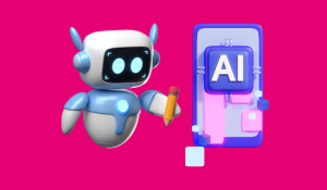 A robot and an Ai generator is against a bright pink Cansford Labs background