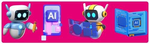 Image shows three robots each Ai looking and doing various tasks with the background in pink