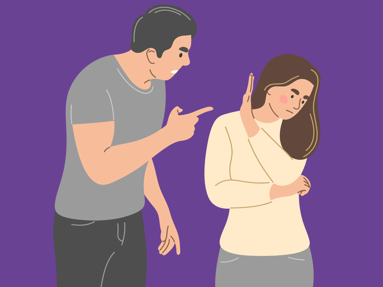 Graphic shows a man shouting at a women, who is turning away with her left hand up to protect herself