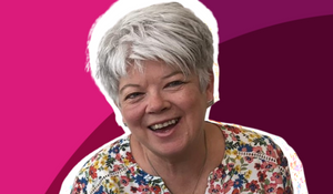 Meet Jane Tickle, who talks about what it's like be a collector for Cansford. She had short grey hair, a big smile and is featured against a bright pink and purple backdrop.